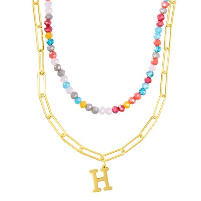 Adornia 14k Gold Plated Adjustable Layered Color Beads and Paperclip Chain Initial Necklace