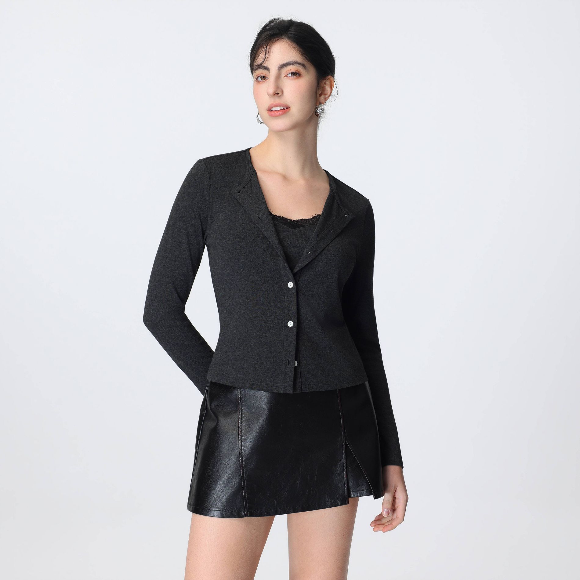 Women's Lace Trim Combination Cardigan and Top - A New Day™ Dark Gray