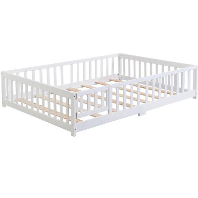 DOMETOUR Full Size Floor Bed with Door,Solid Wood Platform Bed Frame with Fence,Suitable for children,Pine Wood,White