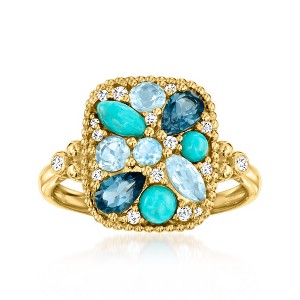 Ross-Simons Turquoise and 0.66 ct. t.w. Multi-Gemstone Ring With .12 ct. t.w. Lab-Grown Diamonds in 18kt Gold Over Sterling - 1 of 4