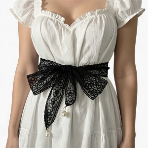 Anna-Kaci Women's Floral Lace Ribbon Belt with Oversized Bow and Pearl Drop Details 59in - 1 of 4
