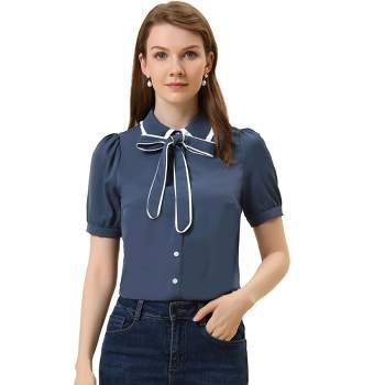 Allegra K Women's Peter Pan Collar Bow Tie Neck Work Office Button Down Shirt