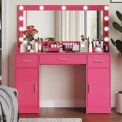 MDF Large Mirror Dressing Table, 3 Color Lighting Modes, Brightness Adjustable, Makeup Dressing Table For Girls