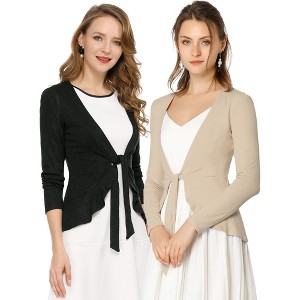 INSPIRE CHIC Women's Solid Tie Open Front Long Sleeve Knit Metallic Ruffled Crop Cardigan 2 Packs - 1 of 4
