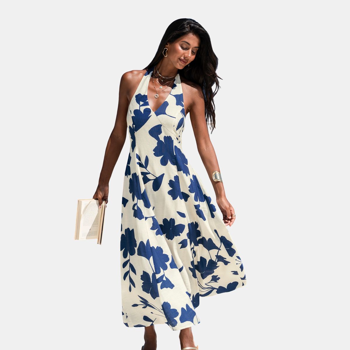 Cupshe Women's Halter Maxi Dress with Floral Print and Backless Design