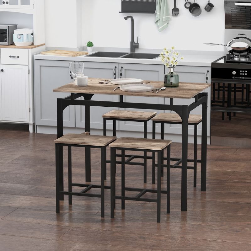 HOMCOM 5 Piece Modern Dining Table and 4 Stools Industrial Dining Set with Footrest & Metal Legs, For Kitchen, Natural, 2 of 10