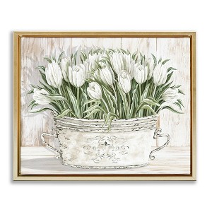 Stupell Industries Fresh White Tulip Flowers Vintage Floating Frame Canvas Art, Gold, 31" x 25" - 1 of 4