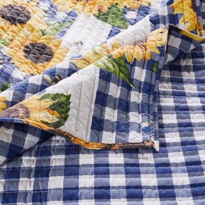 Blue and Yellow Sunflower Reversible King Microfiber Quilt Set