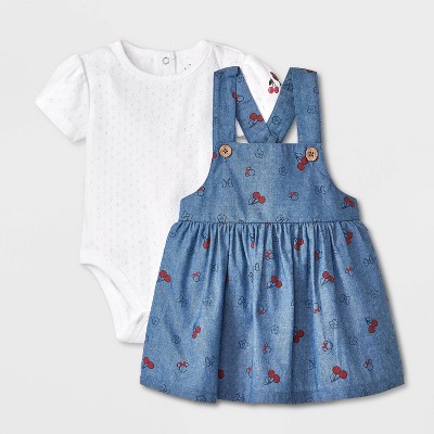 Baby Girls' 2pc Disney Minnie Mouse Cherry Chambray Dress & Bodysuit Set - Blue 3-6M