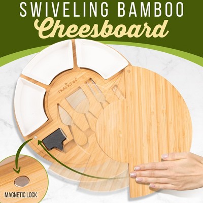Organic Bamboo Round Cheese Board Serving Set with Ceramic Bowls