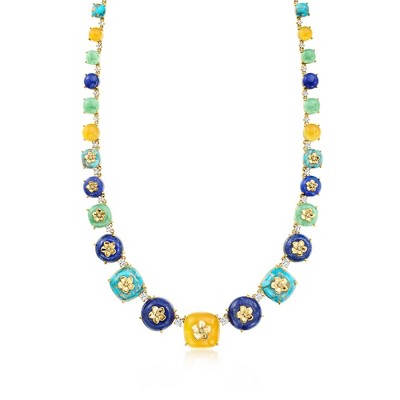 Ross-Simons Multi-Gemstone Floral Overlay Necklace With 5.00 ct. t.w. White Topaz and .13 ct. t.w. Diamonds in 18kt Gold Over Sterling