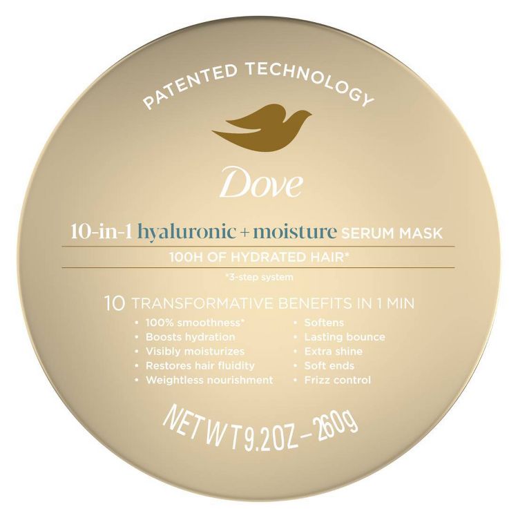 Dove 10-in-1 Serum Mask Hyaluronic + Moisture sits elegantly on a white surface, promising "100 Hours of Hydration" in gold text above. The white jar with a gold lid reflects simplicity and luxury, emphasizing advanced hydration.