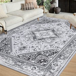 Vintage Washable Floral Area Rug: Non-Slip Distressed Oriental Carpet with Medallion – Low-Pile Accent Floor Mat for Living Room, Laundry Room - 1 of 4