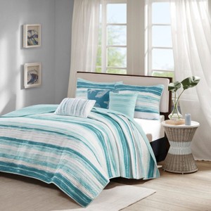 Sapphtopaz Comforter Set Bedding Quilt Set Watercolor Stripe Printed Solid Color Back Reversible Cotton Quilt Set 6 Piece - 1 of 4