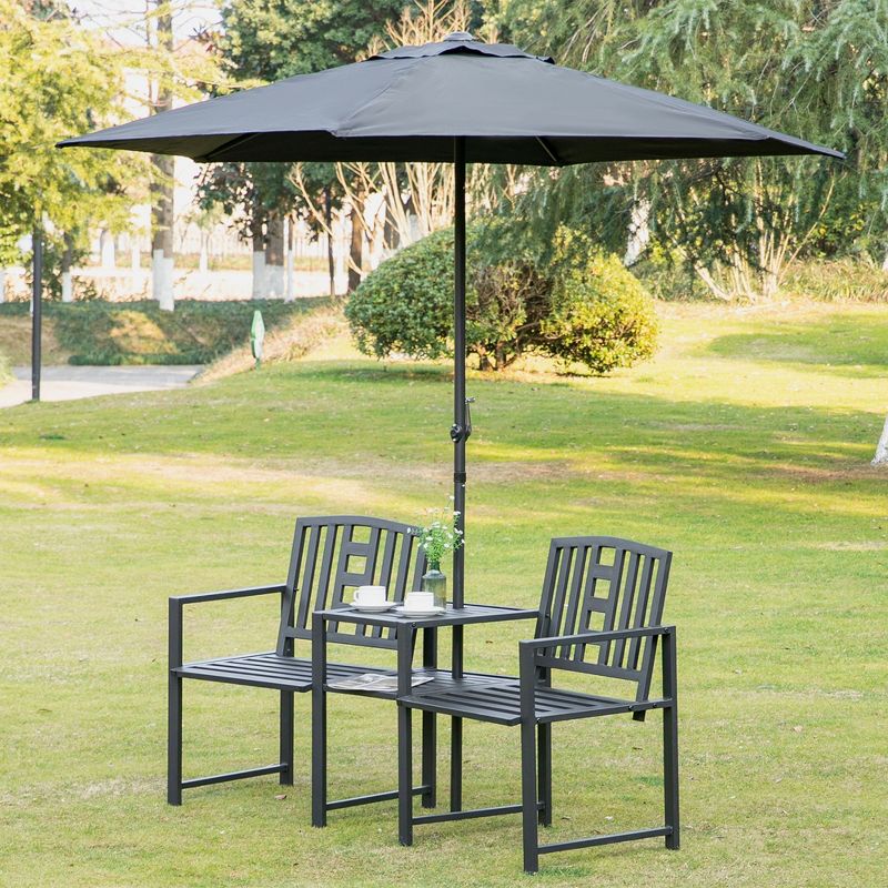Outsunny Metal Garden Bench with Middle Table and Umbrella Hole, 2-in-1 Double Patio Chairs, Outdoor 2-person Tete-a-Tete, Slatted, Black, 2 of 12