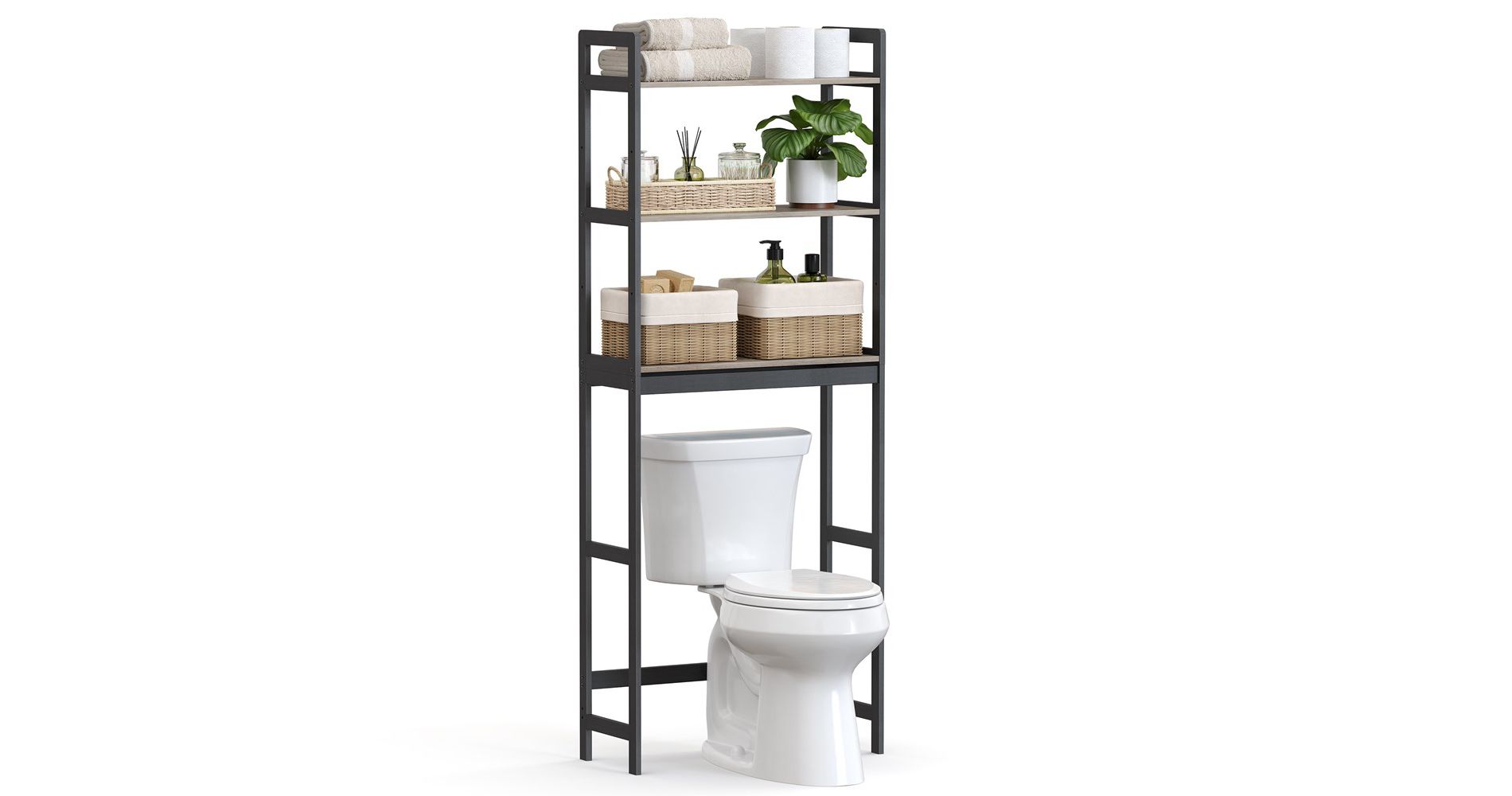 SONGMICS Over The Toilet Storage, 3-Tier Bathroom Organizer Over Toilet with Adjustable Shelves,Greige and Black