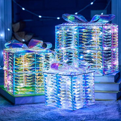 Joyfy 3Packs Christmas Gift Box Lights, Iridescent Present Boxes Yard Light Decorations with 60 LEDs for Christmas Eve Night Indoor Outdoor Decor