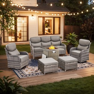 Buenhomino 7 Pieces Patio Furniture Sets with Fire Pit Table, Wicker High Back Outdoor Swivel Rocking Chairs Set with 3-Seat Couch, Ottomans and Table - 1 of 4