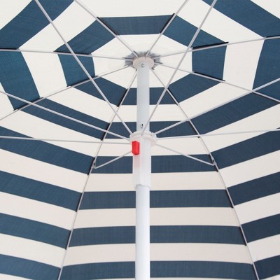 Brown and Blue Folding Picnic Table with Striped Umbrella