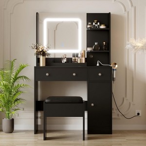 Vanity Desk, Makeup Desk and Stool with Lights, 2 Drawers & Storage Shelves, Sliding Mirror, Girls Vanity Table for Bedroom - 1 of 4