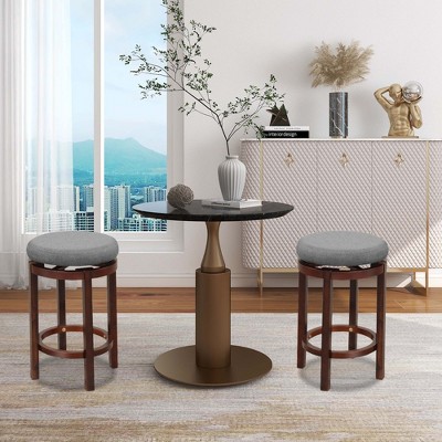 Gray Upholstered Swivel Backless Wooden Bar Stools, Set of 2