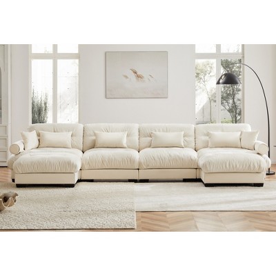 Aukfa Cream Velvet Large Sofa with Bolster Armrests, Waist & Throw Pillows – Modern Couch for Living Room, Bedroom or Office