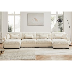 Aukfa Cream Velvet Large Sofa with Bolster Armrests, Waist & Throw Pillows – Modern Couch for Living Room, Bedroom or Office - 1 of 4