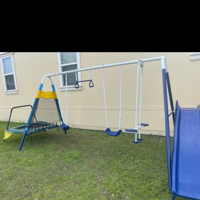 Sportspower almansor metal swing shop set with slide and trampoline