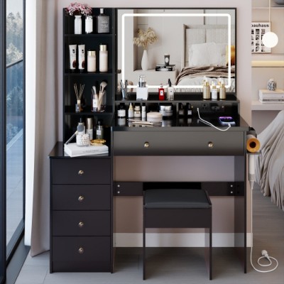 Black41" Large Size Left Nightstand Dresser + Upholstered Stool Dressing Table Set, Extra Large Touch LED Mirror, Three Color Switch