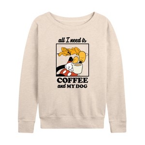 Women's - Disney - Coffee And My Dog Lightweight French Terry Wide Neck Long Sleeve Shirt - 1 of 4