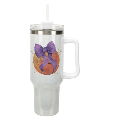 Elanze Designs 40 Ounce Stainless Steel Double Wall Insulated Glitter Travel Tumbler With Handle, Straw, and Lid, Basketball With Purple Bow White