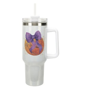 Elanze Designs 40 Ounce Stainless Steel Double Wall Insulated Glitter Travel Tumbler With Handle, Straw, and Lid, Basketball With Purple Bow White - 1 of 1