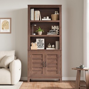 Garvee 5-Tier Farmhouse Bookcase with Door, 71.3''Tall Wooden Walnut Cabinet for Living Room,Bedroom(Brown) - 1 of 4