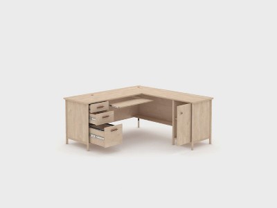 Natural Maple L-Shaped Computer Desk with Drawers and Keyboard Tray