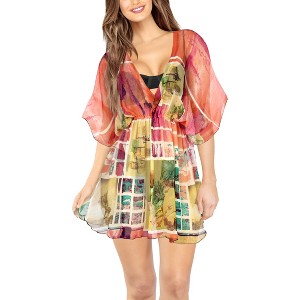 LA LEELA Women's Loose Mini Beachwear Swim Suit Holiday Swimwear Summer Bathing Suit Cover-up Mini Swing Dress - 1 of 4