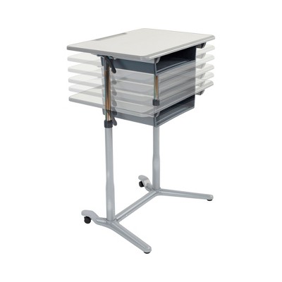 Adjustable Gray Sit-Stand Mobile Desk with Storage