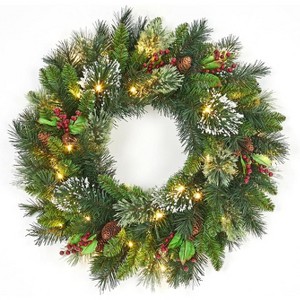 Pre-Lit Frosted Christmas Wreath Set of 6, Christmas Decoration with Pine Cones, Holly Berries - 1 of 4