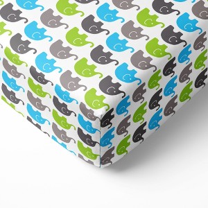 Bacati - Elephant Aqua Lime and Gray 100 percent Cotton Universal Baby Crib or Toddler Bed Fitted Sheet - 1 of 4