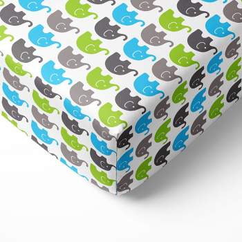 Bacati - Elephant Aqua Lime and Gray 100 percent Cotton Universal Baby Crib or Toddler Bed Fitted Sheet
