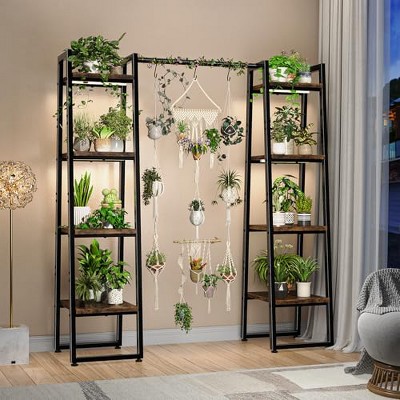 Simple Trending Plant Stand Indoor with Grow Lights, 4 Tier Large Hanging Plant Shelf, Metal Ladder Display Holder for Home Patio, Black