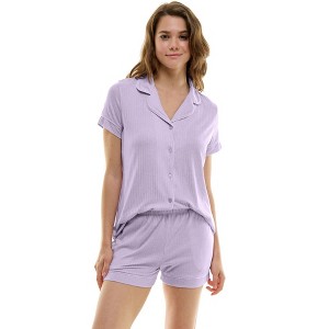 Jaclyn Short Sleeve Ribbed Notched Collar Top & Shorts 2 Piece Pajama Set (Juniors & Women) - 1 of 4