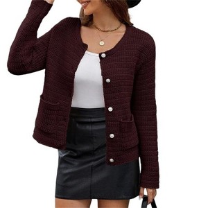 Coolmee Women's Cropped Cardigan Crewneck Knit Button Up Cardigan Sweaters Winter Warm Comfy Outerwear Coats with Pockets - 1 of 4