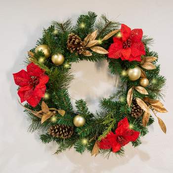Barton 24" Christmas Wreath Red & Gold w/Ornaments Pre-Lit White LED Door