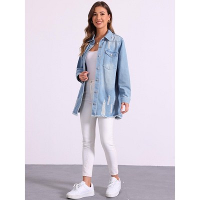 INSPIRE CHIC Women's Distressed Frayed Hem Button Down Jean Jackets Light Blue X-Small — фото 4