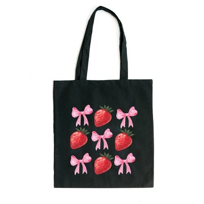 City Creek Prints Strawberry Coquette Bow Chart Canvas Tote Bag - 15x16 - Black