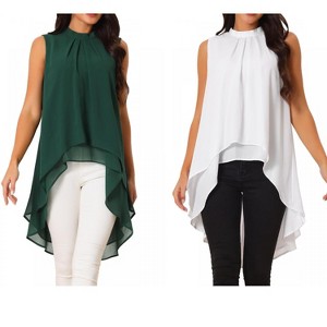 INSPIRE CHIC Women's Casual Tie Back Asymmetrical High Low Sleeveless Mock Neck Flowy Blouse 2 Packs - 1 of 4