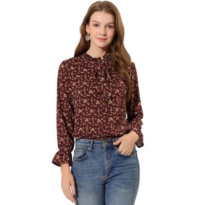Allegra K Women's Vintage Floral Tie Neck Long Sleeve Ruffled Collar Peasant Blouse
