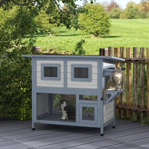 2 Tier Outdoor Cat House with Escape Door and Jump Platform,Weatherproof Wooden Shelter for Feral Cats with Asphalt Roof for Backyard - LAOTIES - 1 of 4