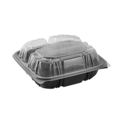 Pactiv Evergreen EarthChoice Vented Dual Color Microwavable Hinged Lid Container, 33oz, 8.5x8.5x3, 3-Compartment, Black/Clear, Plastic, 150/CT