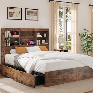Full/Queen/King Bed Frame with Tall Bookcase Headboard & 4 Storage Drawers - Sturdy Metal Slats Platform Bed with Charging Station - 1 of 4